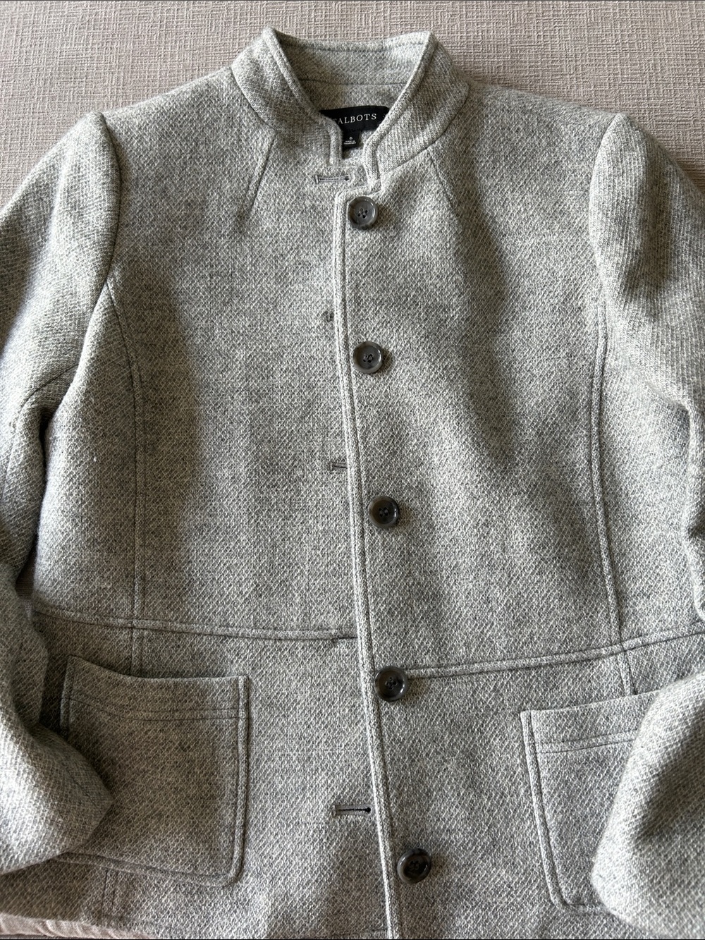 Talbots Light Gray Herringbone Stand-Collar Peacoat
